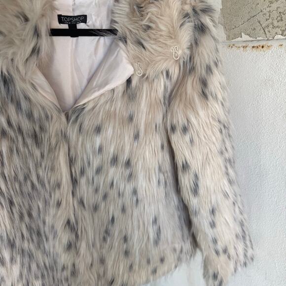 Topshop Faux Fur Jacket Teddy Plush Animal Print Y2K Model Off Duty Coat Size 6 - Picture 2 of 8
